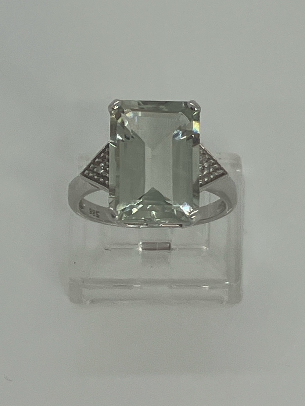 Vtg 925 Emerald Cut Prasiolite Green Amethyst Milgrain Triangle Ring Sz 7
